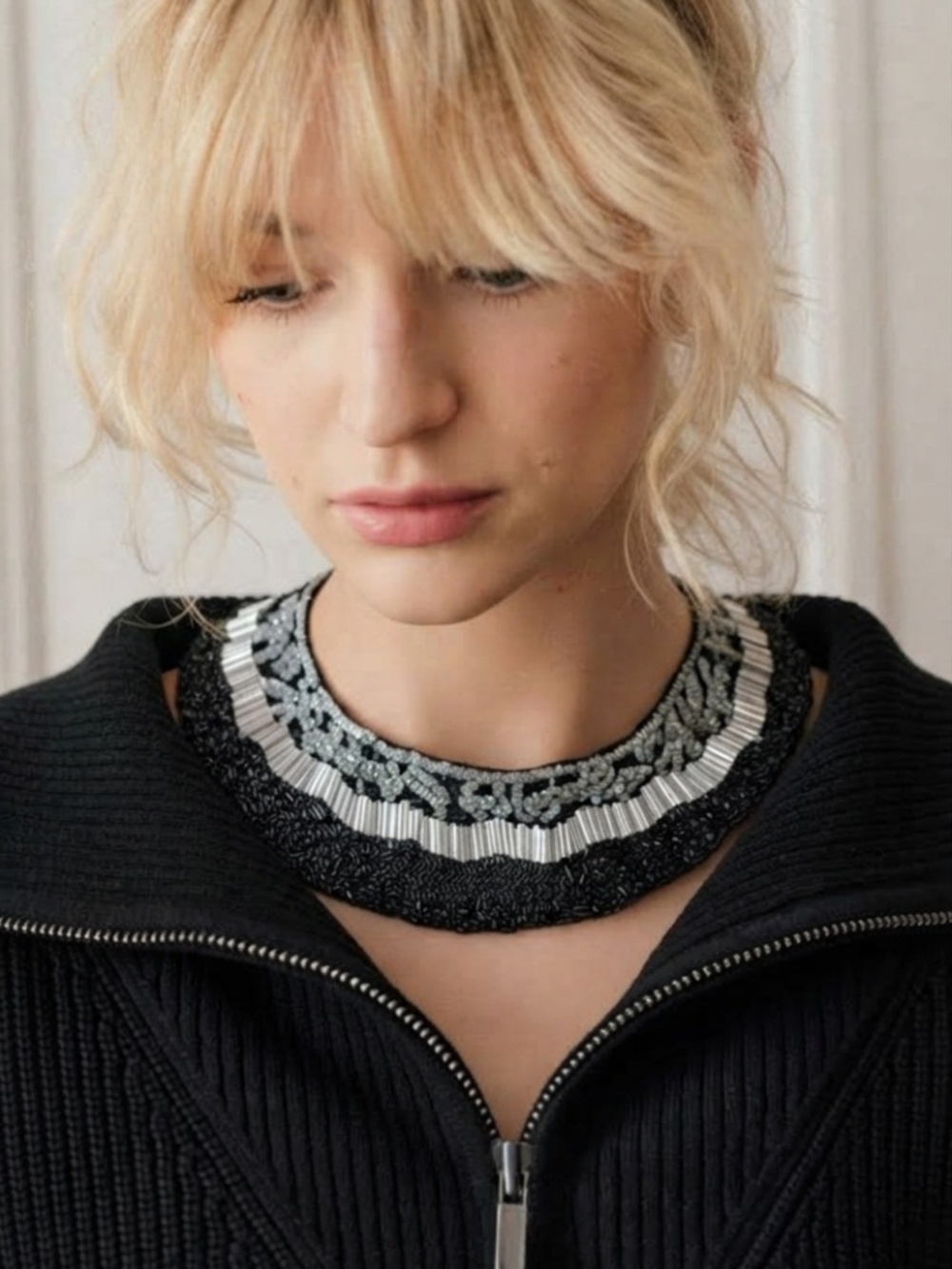 MaxMara SPORTMAX Elegant Bib Fabric Necklace 💎Black & Silver Beaded Detail💎
